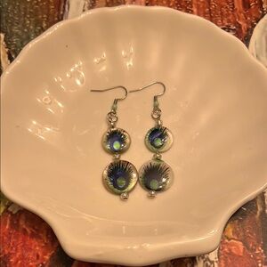 Green and Blue Double-Drop Earrings with Silver-Toned Findings